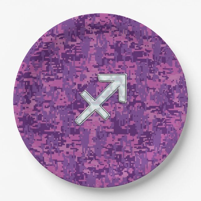 Pearl Sagittarius Zodiac Sign Fuchsia Digital Camo Paper Plate (Front)