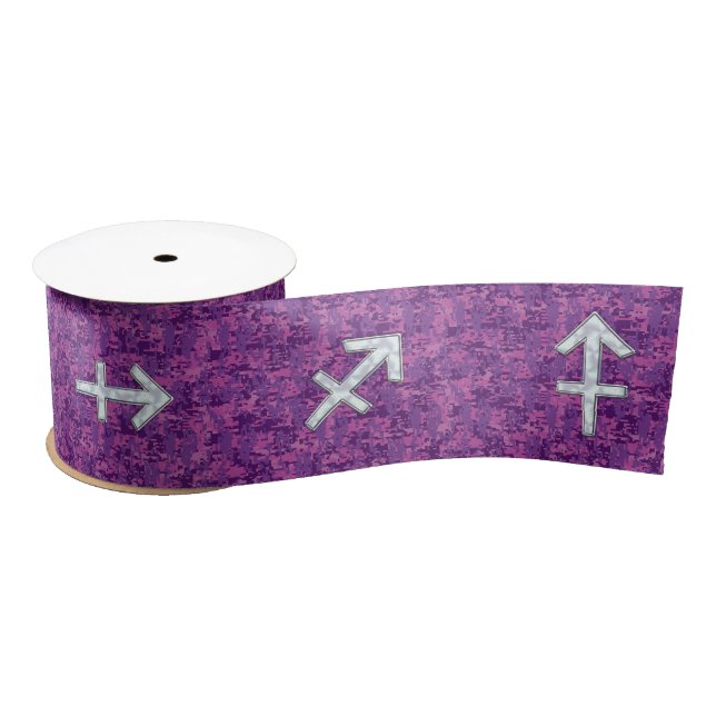 Pearl Sagittarius Zodiac Sign Fuchsia Digital Camo Satin Ribbon (Spool)