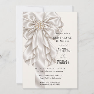 Pearl Satin Bow Wedding Rehearsal Dinner Invitation