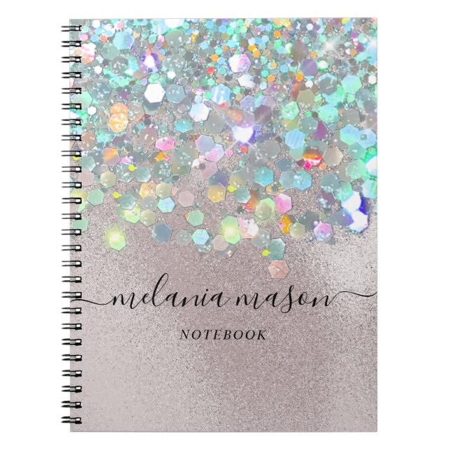 Pearl Texture Holographic Glitter Typography Name Notebook (Front)
