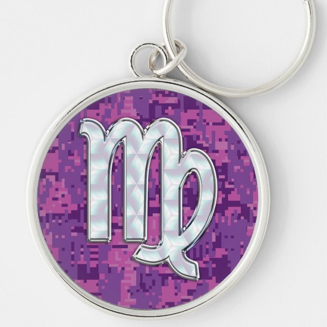 Pearl Virgo Zodiac Sign Pink Fuchsia Digital Camo Keychain (Front)