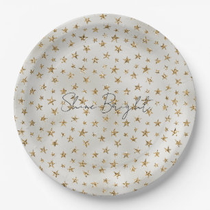 Pearl White Gold Glitter Sparkle Stars         Paper Plate