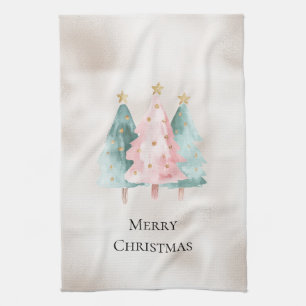 Pearl White Mint Pink Christmas Trees Kitchen Towel