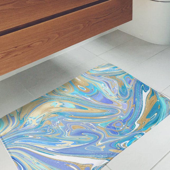 Pearlescent Aqua & Gold Liquid Marble Bath Mat (Aqua & Gold Marble Paint Pour Art Bath Mat - Artistic Bathroom Accessory)
