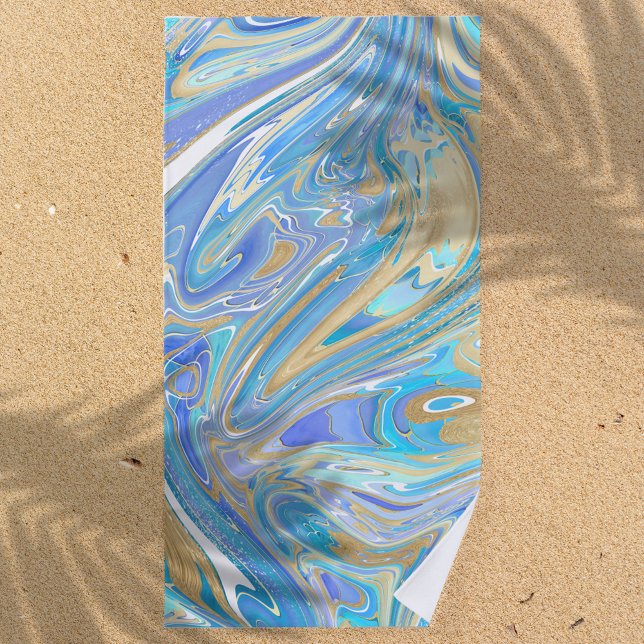 Pearlescent Aqua & Gold Liquid Marble Beach Towel (Creator Uploaded)