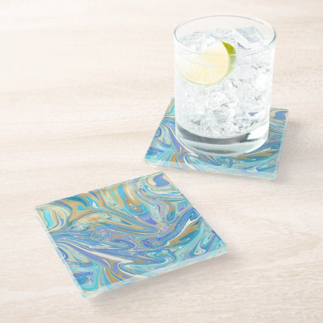 Pearlescent Aqua & Gold Liquid Marble Glass Coaster (Angled)