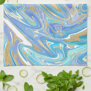 Pearlescent Aqua & Gold Liquid Marble Kitchen Towel