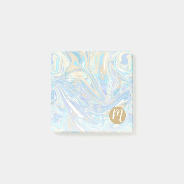 Pearlescent Aqua & Gold Liquid Marble & Monogram Post-it Notes (Front)
