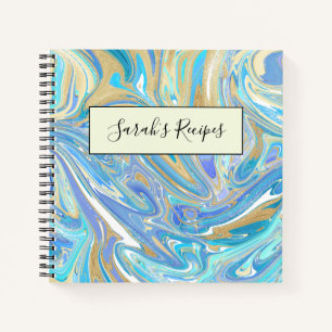 Pearlescent Aqua & Gold Liquid Marble Notebook