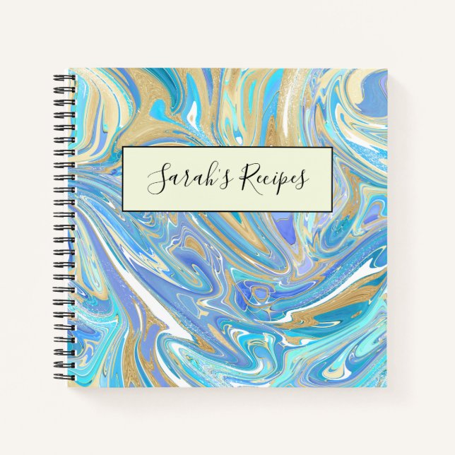 Pearlescent Aqua & Gold Liquid Marble Notebook (Front)