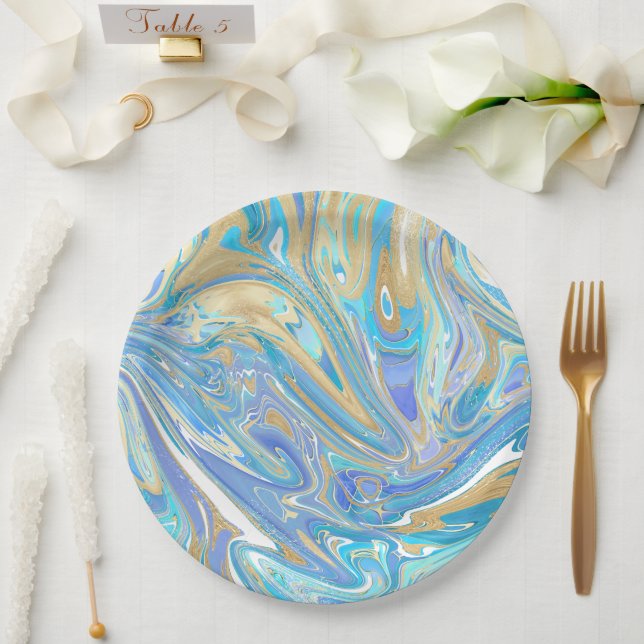 Pearlescent Aqua & Gold Liquid Marble Paper Plate (Wedding)
