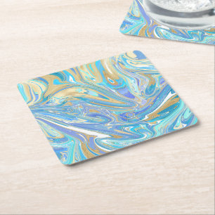 Pearlescent Aqua & Gold Liquid Marble Square Paper Coaster