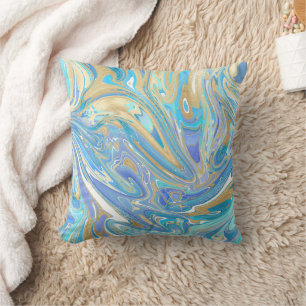 Pearlescent Aqua & Gold Liquid Marble Throw Pillow
