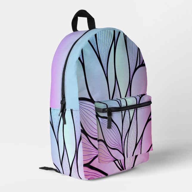 Pearlescent Purple and Sky Blue Fern Pattern  Printed Backpack (Back Corner Left)