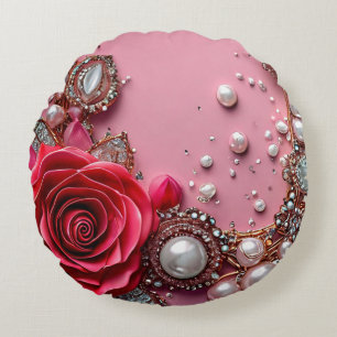 Pearls and a Detailed Red Rose Round Pillow
