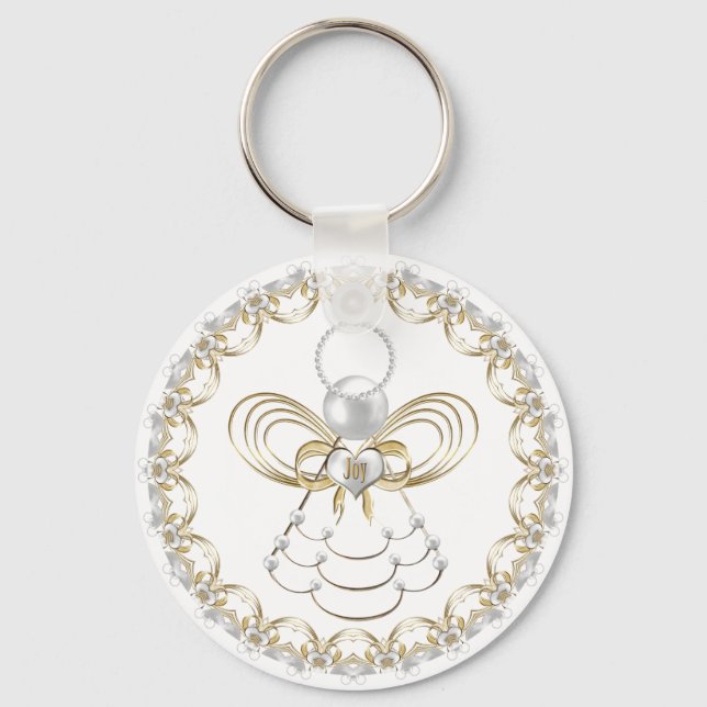 Pearls and Gold Filigree Christmas Angel of Joy Keychain (Front)