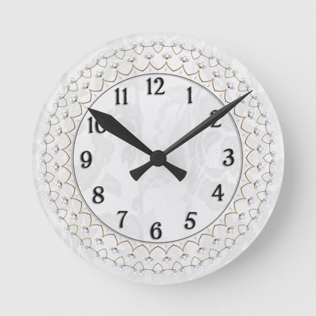 Pearls and Gold - Metallic Filigree on Lace Round Clock (Front)