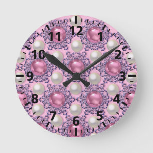 Pearls and Jewels in Pink Round Clock