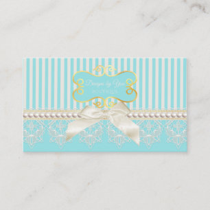 Pearls and Lace Aqua Stripes Cream Bow Boutique Business Card
