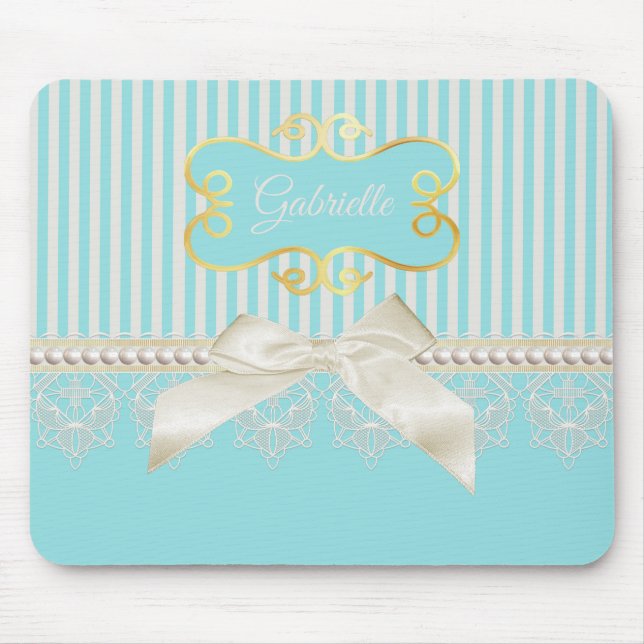 Pearls and Lace Aqua Stripes Cream Bow With Name Mouse Pad (Front)
