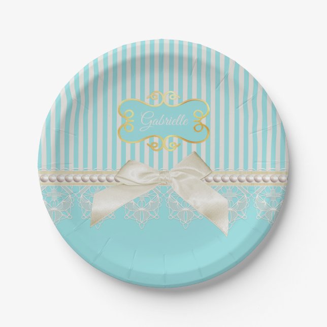 Pearls and Lace Aqua Stripes Cream Bow With Name Paper Plate (Front)