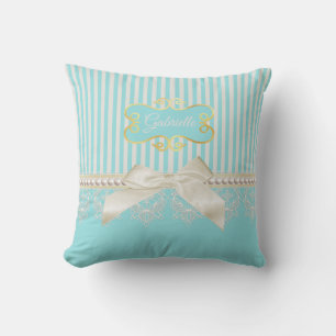 Pearls and Lace Aqua Stripes Cream Bow With Name Throw Pillow