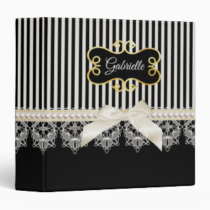 Pearls and Lace Black Stripes Cream Bow Gold Name Binder