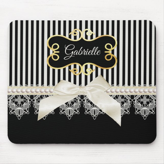 Pearls and Lace Black Stripes Cream Bow Gold Name Mouse Pad (Front)