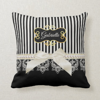 Pearls and Lace Black Stripes Cream Bow Gold Name Throw Pillow