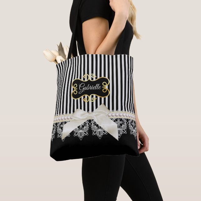 Pearls and Lace Black Stripes Cream Bow Gold Name Tote Bag (Close Up)