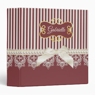 Pearls and Lace Deep Red Stripes Bow and Name Binder
