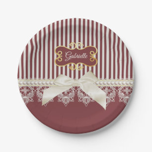 Pearls and Lace Deep Red Stripes Bow and Name Paper Plate
