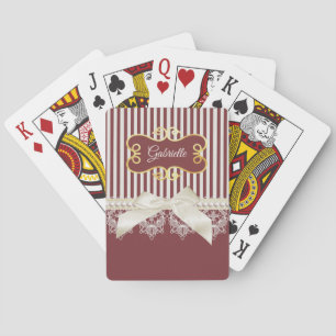 Pearls and Lace Deep Red Stripes Bow and Name Playing Cards