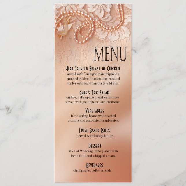 Pearls and Lace Dinner Menu | perfect peach (Front)