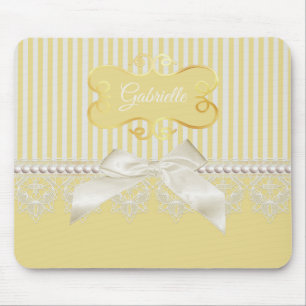 Pearls and Lace Gold Stripes Ivory Bow With Name Mouse Pad