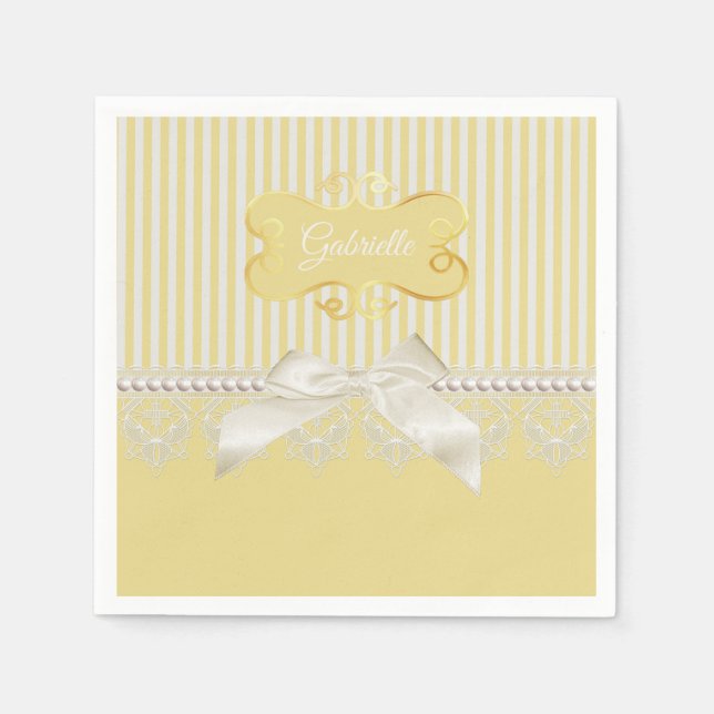 Pearls and Lace Gold Stripes Ivory Bow With Name Napkin (Front)