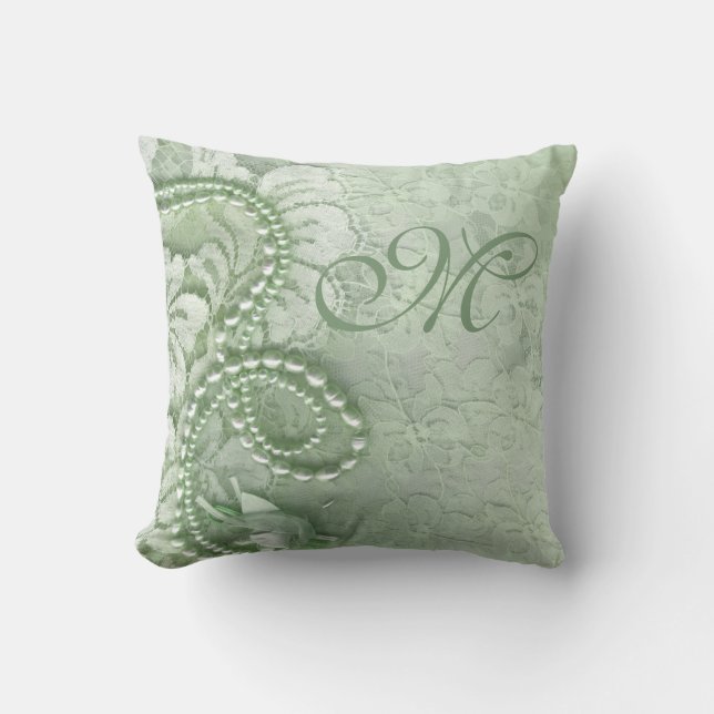 Pearls and Lace Monogram | mint green Throw Pillow (Front)