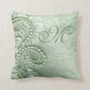 Pearls and Lace Monogram   mint green Throw Pillow