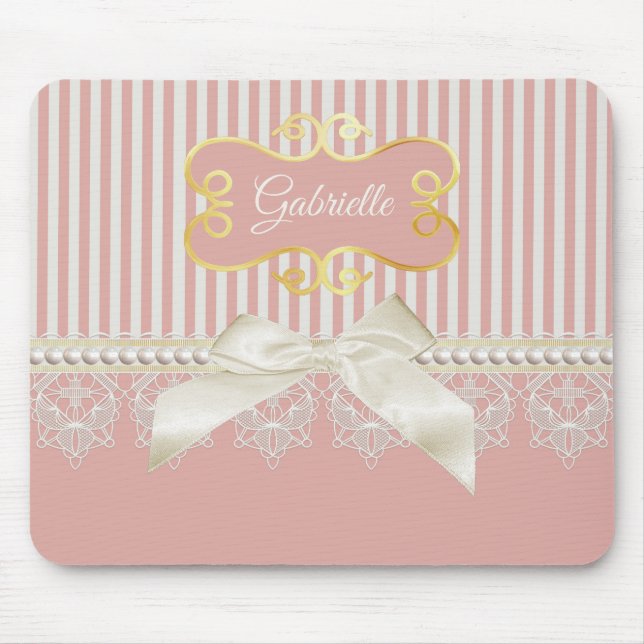 Pearls and Lace Pink Stripes Cream Bow and Name Mouse Pad (Front)
