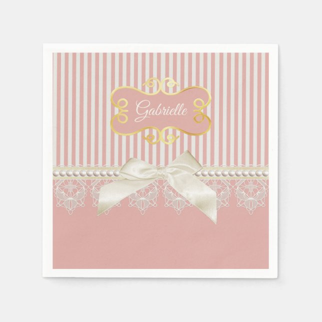 Pearls and Lace Pink Stripes Cream Bow and Name Napkin (Front)