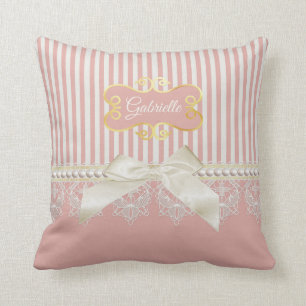 Pearls and Lace Pink Stripes Cream Bow and Name Throw Pillow