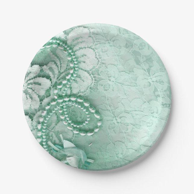 Pearls and Lace Wedding | aqua Paper Plate (Front)