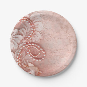 Pearls and Lace Wedding peony pink Paper Plate