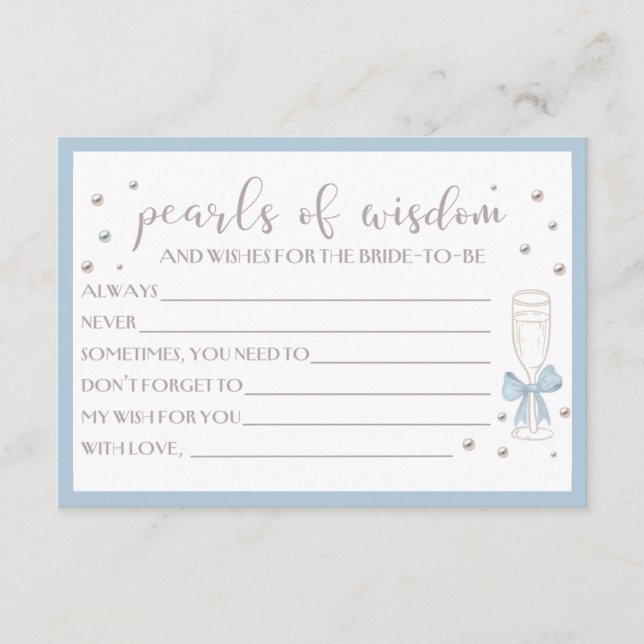 Pearls and Prosecco Blue Bow Bridal Shower Card (Front)