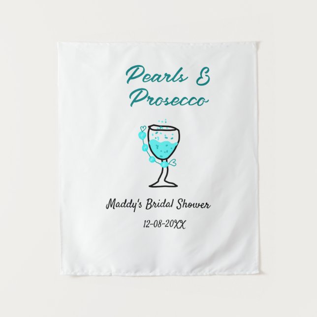 Pearls and prosecco bridal shower blue black name  tapestry (Front)