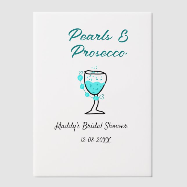 Pearls and prosecco bridal shower blue black name  vellum invitations (Front)