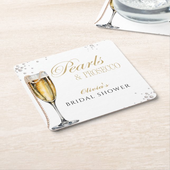 Pearls and Prosecco Bridal Shower, Bridal Brunch Square Paper Coaster (Angled)