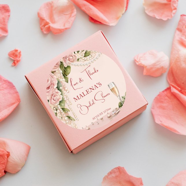 Pearls and prosecco bridal shower elegant favour classic round sticker (Pearls and prosecco bridal shower elegant thank you favor stickers blush pink coral roses and pearls)