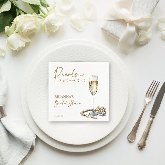 Pearls and prosecco bridal shower elegant printed napkin (Pearls and prosecco bridal shower elegant monogram printed napkins template personalized tableware)