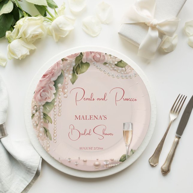 Pearls and prosecco bridal shower elegant printed paper plate (Pearls and prosecco bridal shower elegant monogram printed paper plates blush pink roses and pearls)